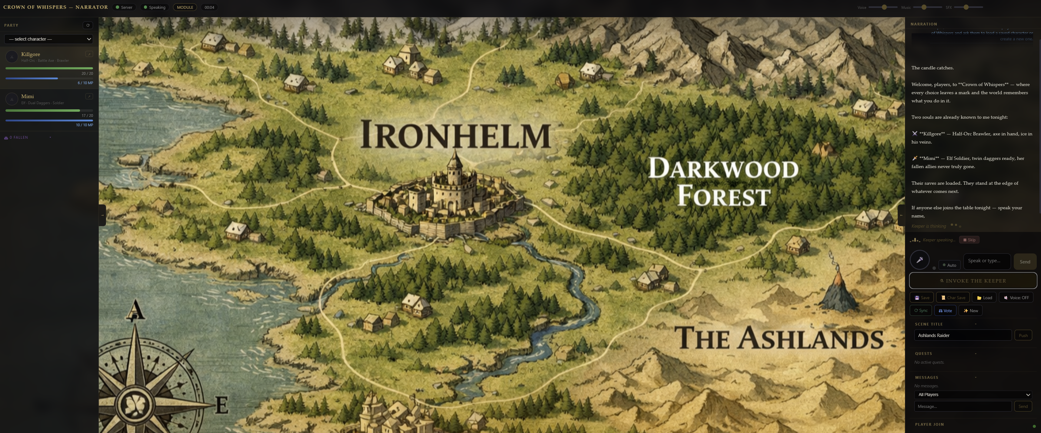 Valdenmoor game interface showing the map and narrator panel